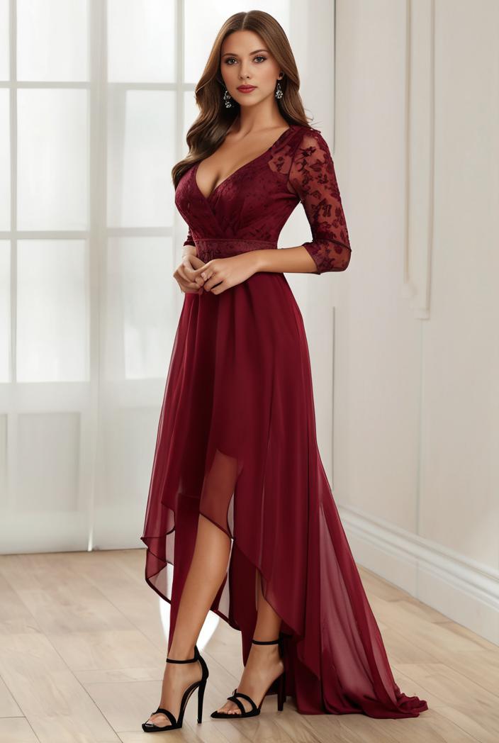 3 4 sleeve sheer sequin stripe high low hem evening dress 127674