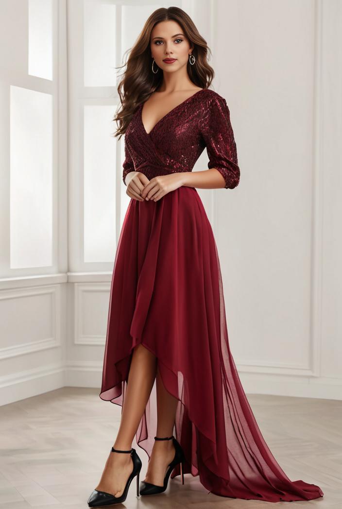 3 4 sleeve sheer sequin stripe high low hem evening dress 127677