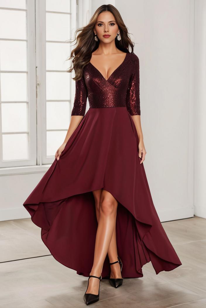 3 4 sleeve sheer sequin stripe high low hem evening dress 127693