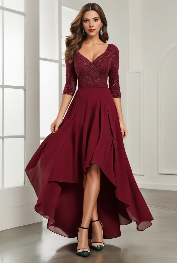 3 4 sleeve sheer sequin stripe high low hem evening dress 127696