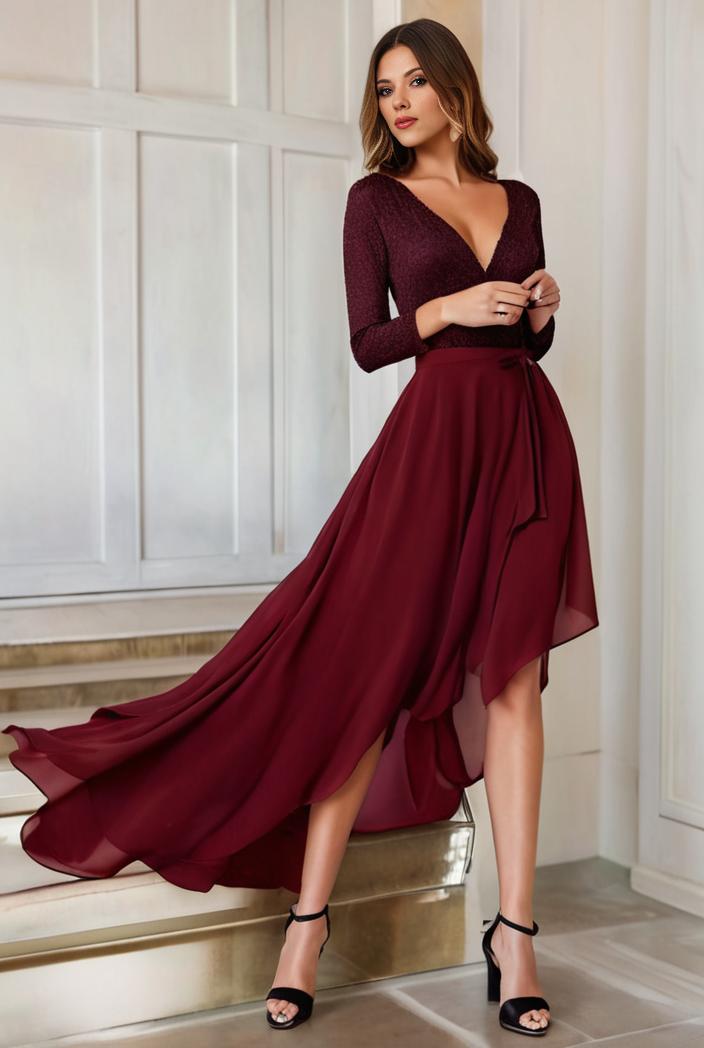 3 4 sleeve sheer sequin stripe high low hem evening dress 127709