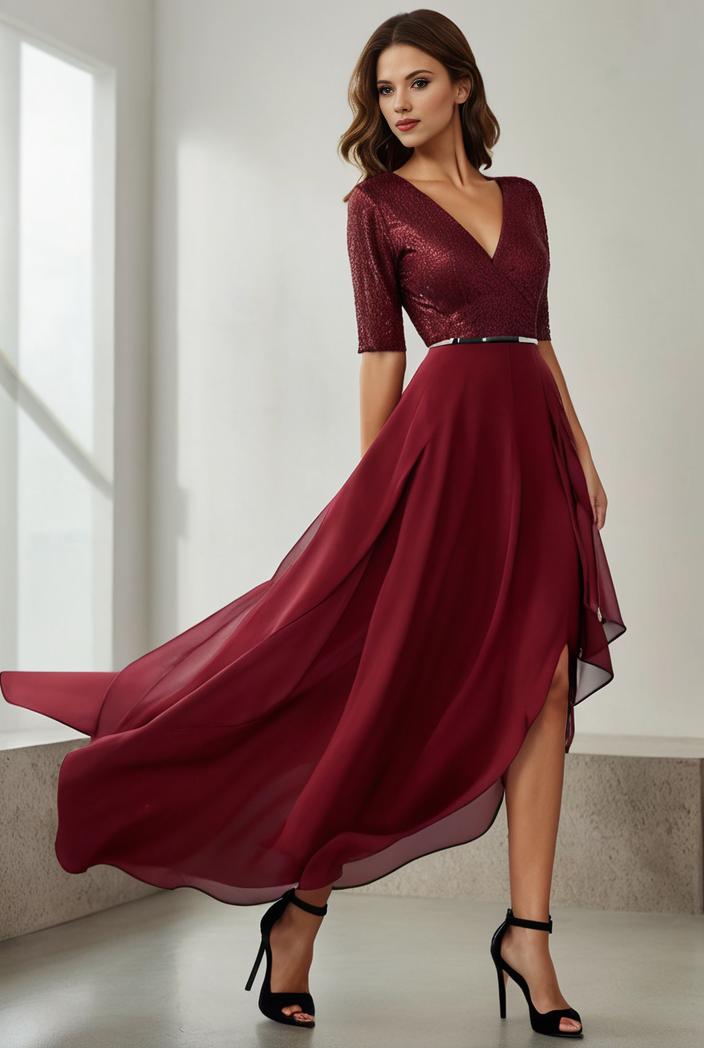 3 4 sleeve sheer sequin stripe high low hem evening dress 127712