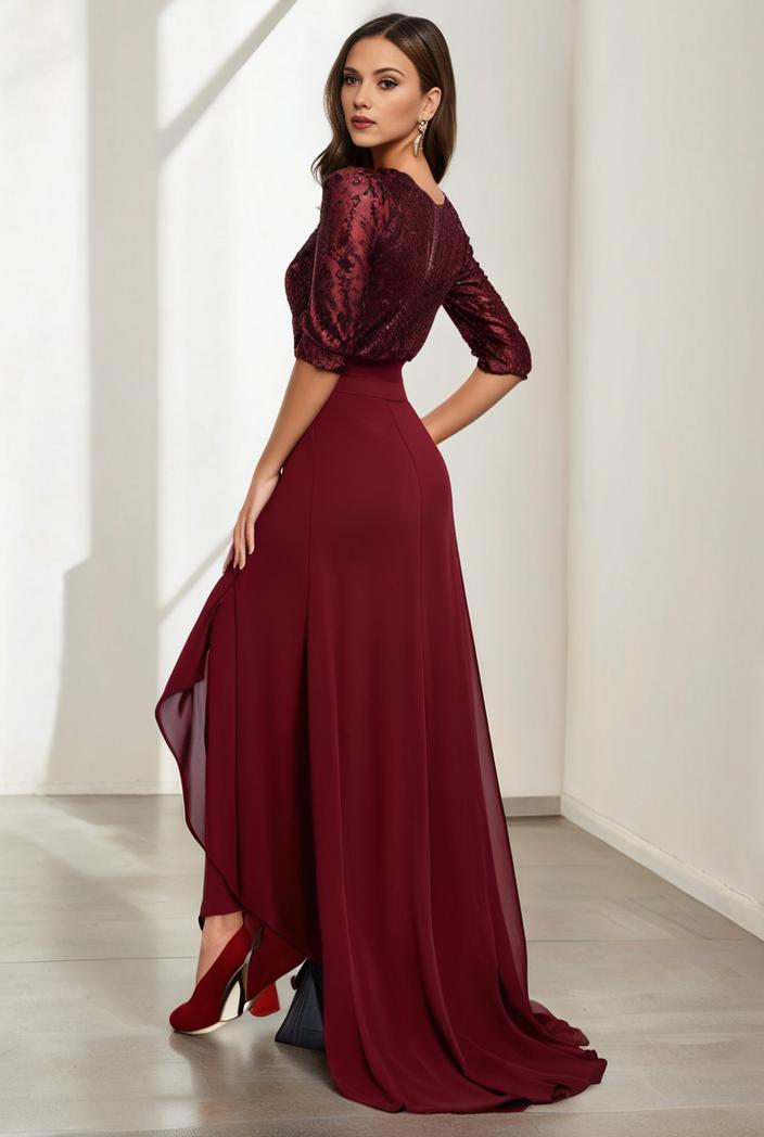 3 4 sleeve sheer sequin stripe high low hem evening dress 127715