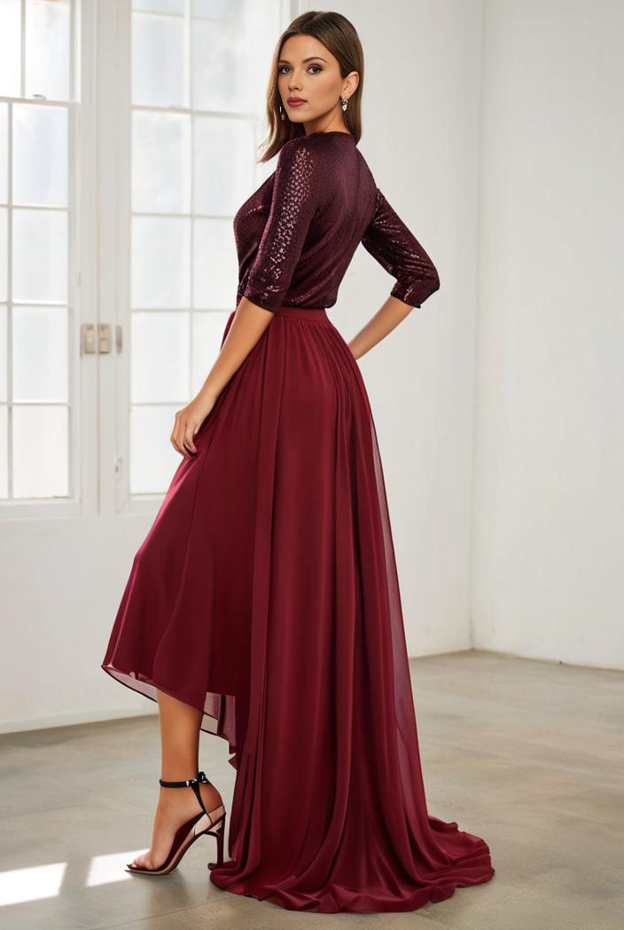 3 4 sleeve sheer sequin stripe high low hem evening dress 127718