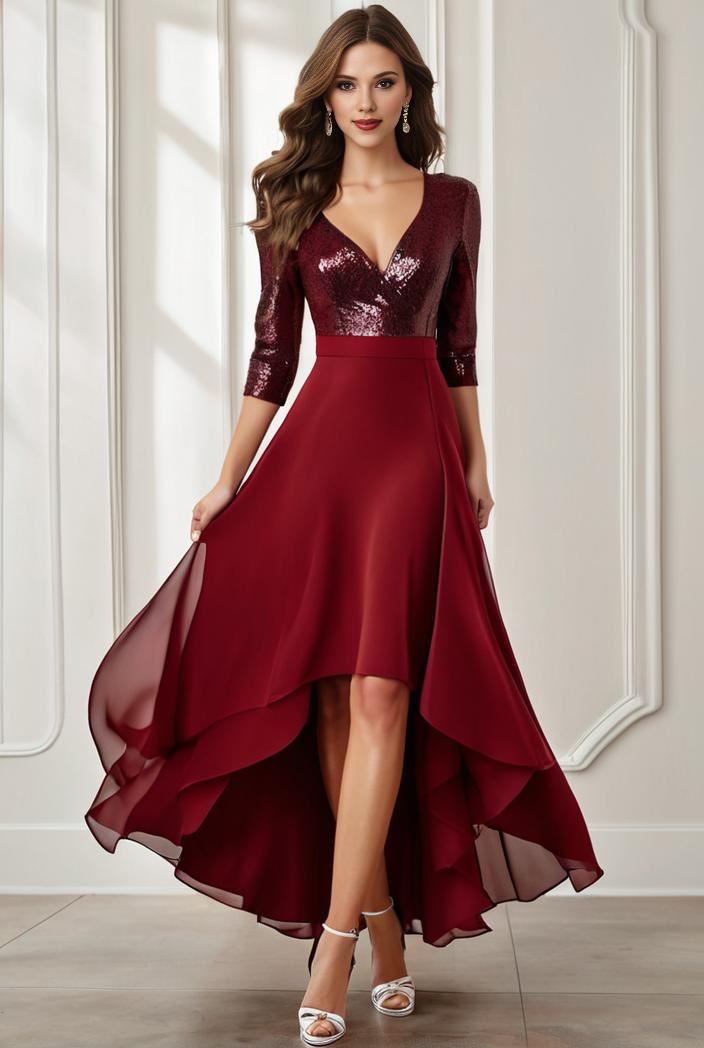 3 4 sleeve sheer sequin stripe high low hem evening dress 127735