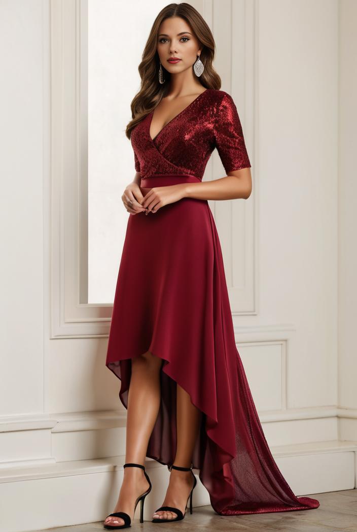 3 4 sleeve sheer sequin stripe high low hem evening dress 138886