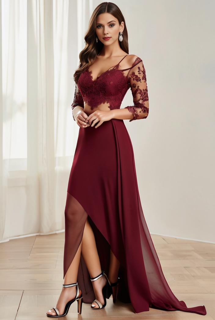 3 4 sleeve sheer sequin stripe high low hem evening dress 138932