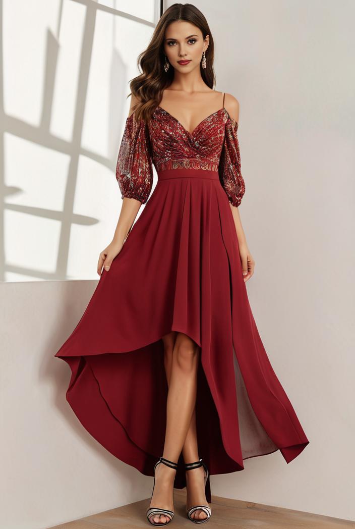 3 4 sleeve sheer sequin stripe high low hem evening dress 138940