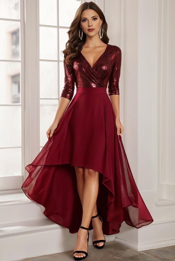 3 4 sleeve sheer sequin stripe high low hem evening dress 138941
