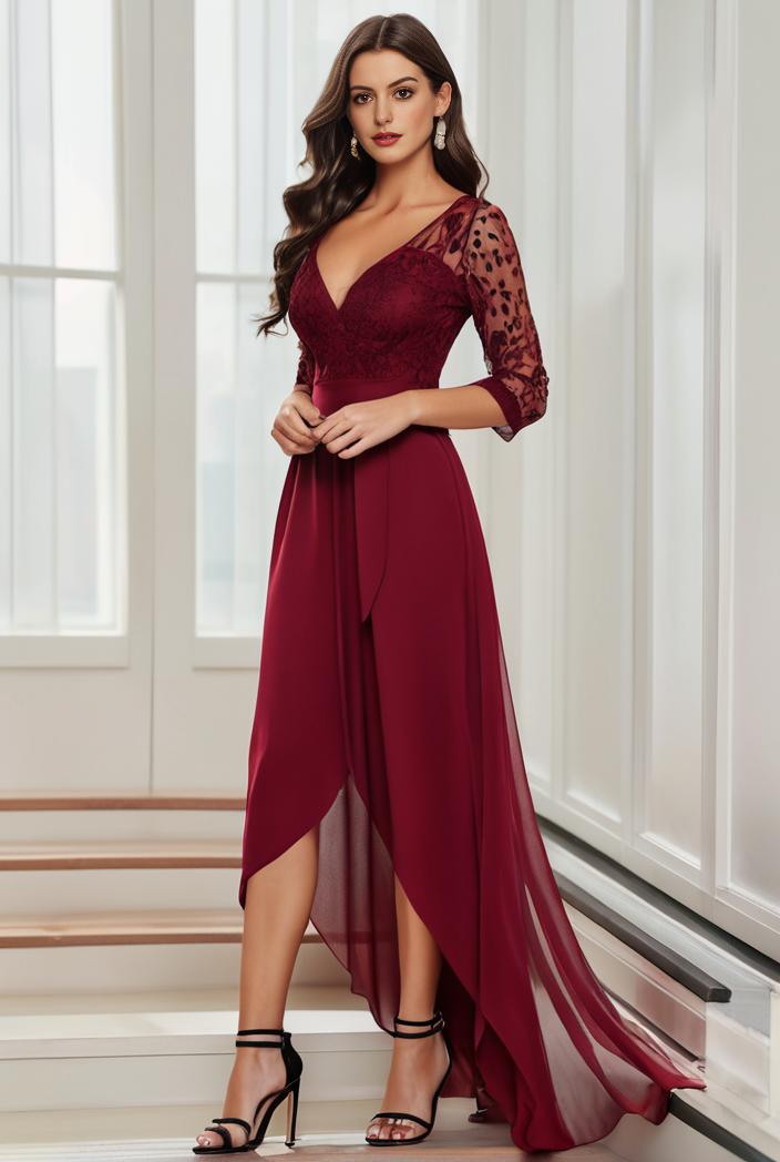 3 4 sleeve sheer sequin stripe high low hem evening dress 136282