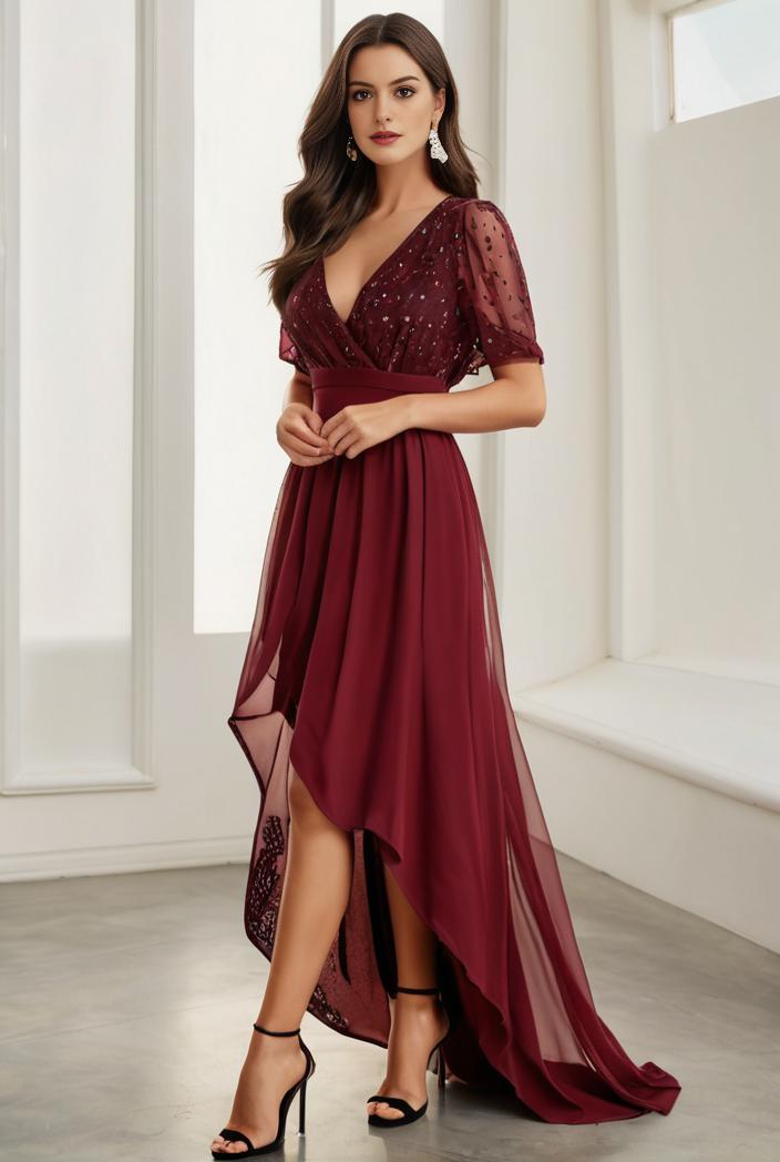 3 4 sleeve sheer sequin stripe high low hem evening dress 136287