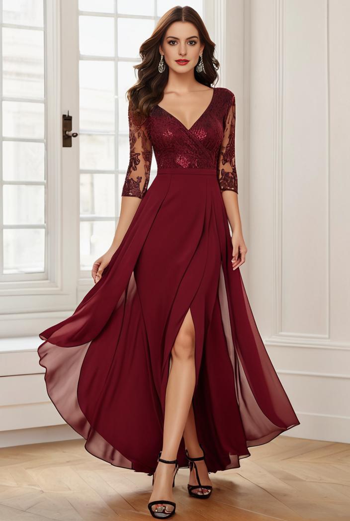 3 4 sleeve sheer sequin stripe high low hem evening dress 136302