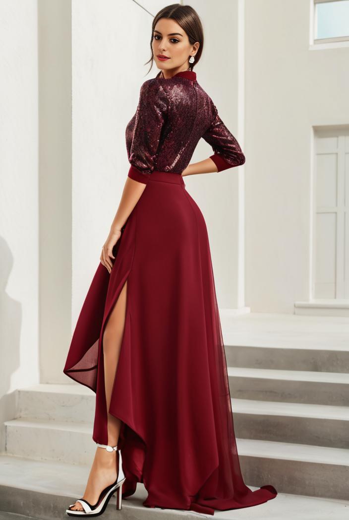3 4 sleeve sheer sequin stripe high low hem evening dress 136312