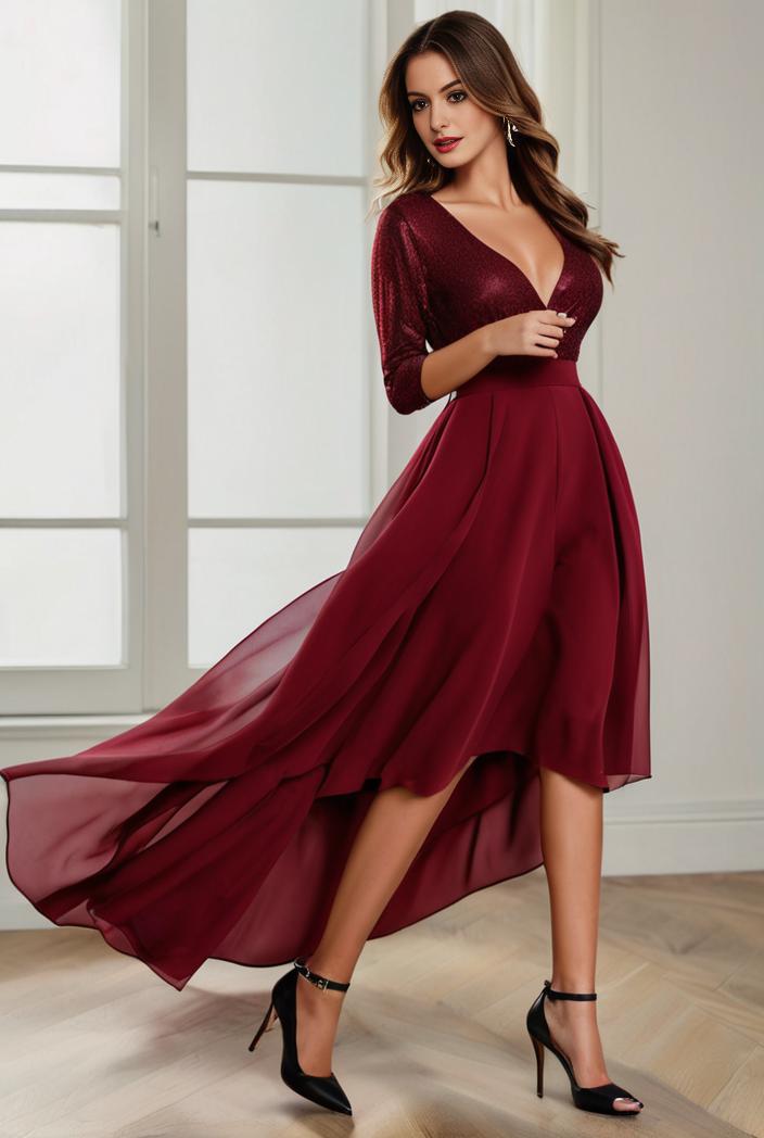 3 4 sleeve sheer sequin stripe high low hem evening dress 136313