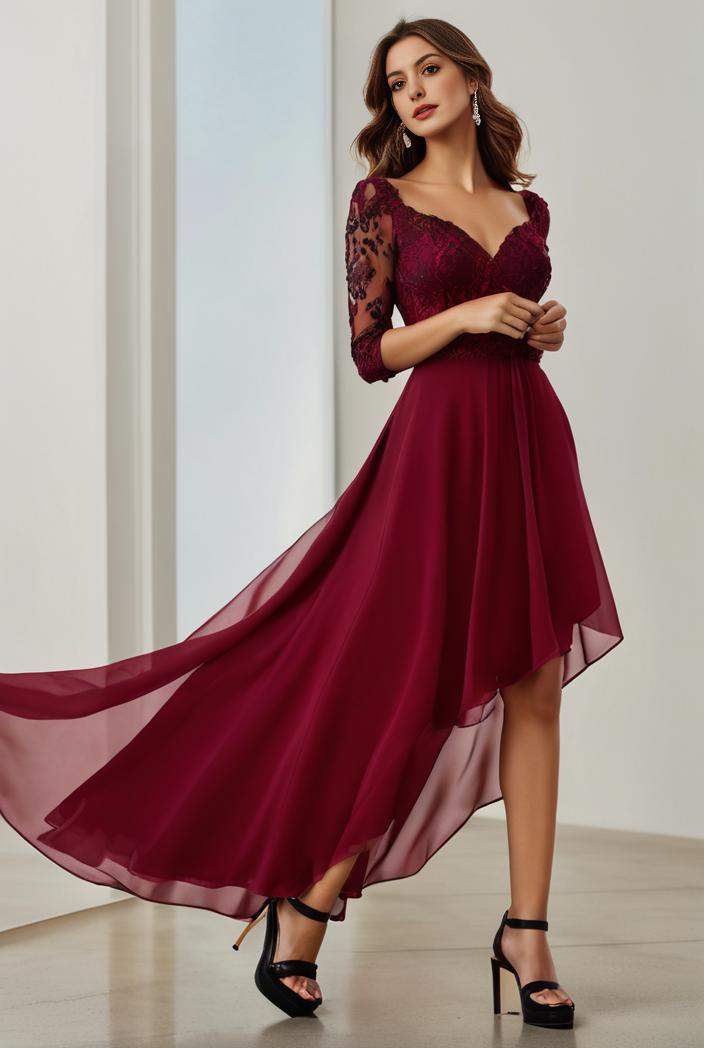 3 4 sleeve sheer sequin stripe high low hem evening dress 136319