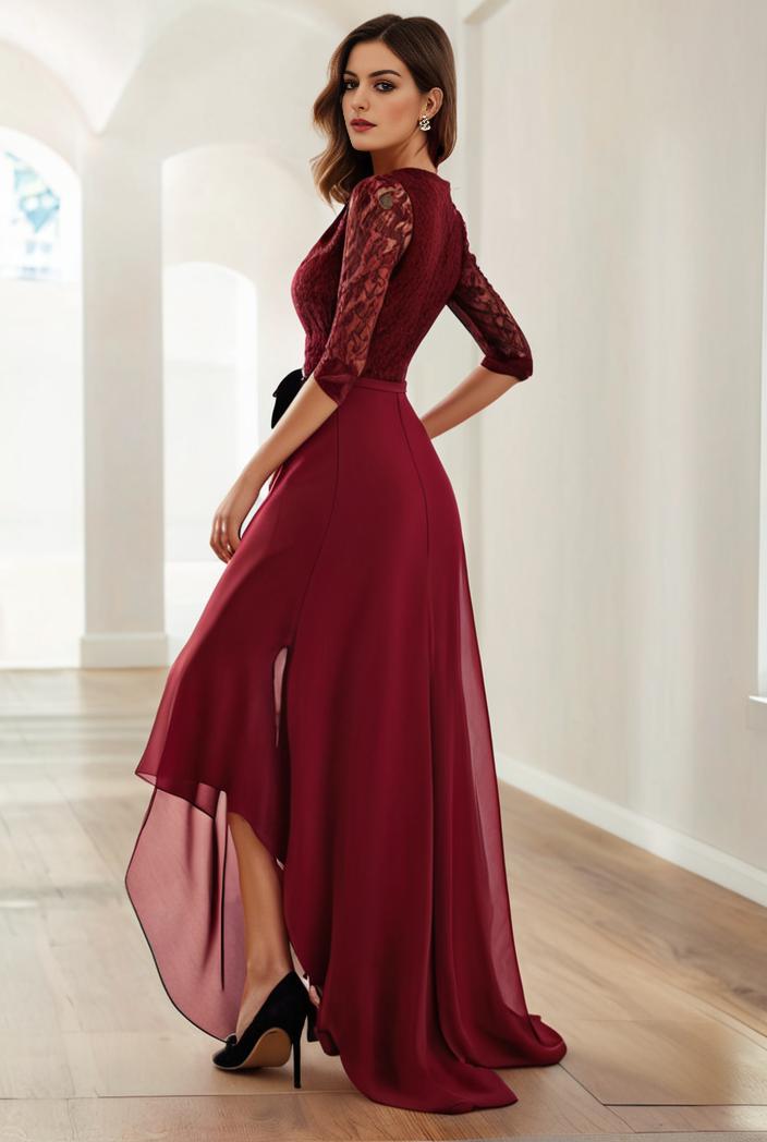 3 4 sleeve sheer sequin stripe high low hem evening dress 136321