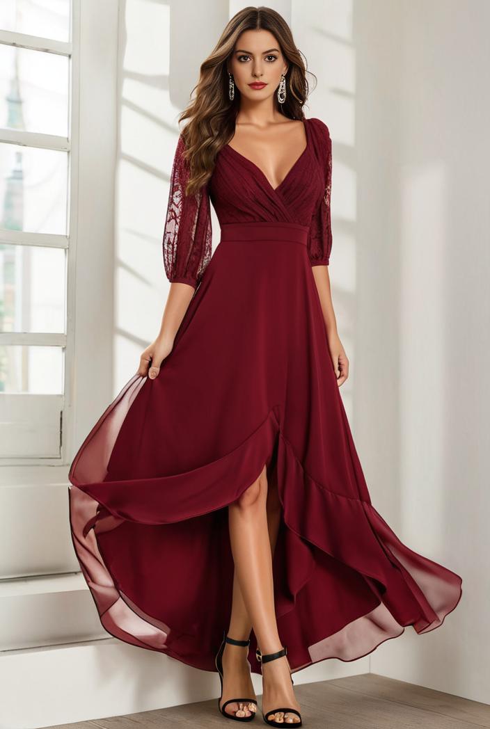 3 4 sleeve sheer sequin stripe high low hem evening dress 136337