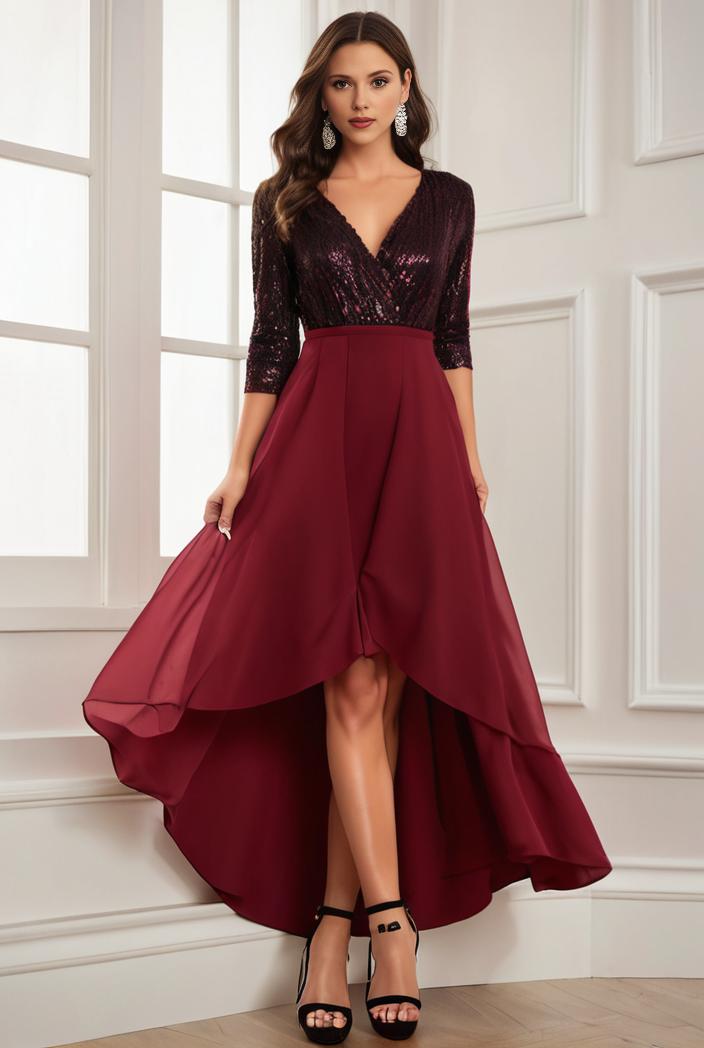 3 4 sleeve sheer sequin stripe high low hem evening dress 116600