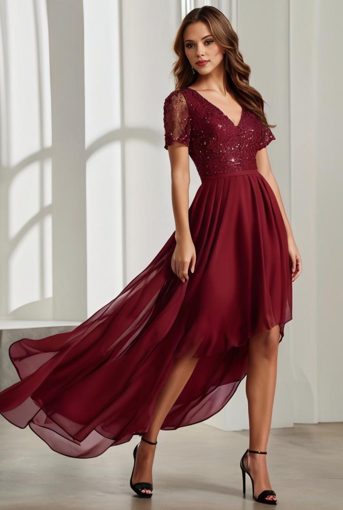 3 4 sleeve sheer sequin stripe high low hem evening dress 116625