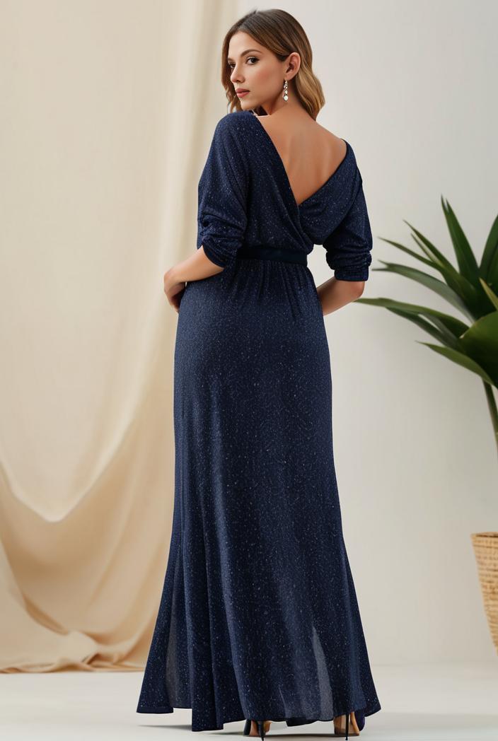 3 4 sleeve bodycon plunging back sequin evening dress 128408