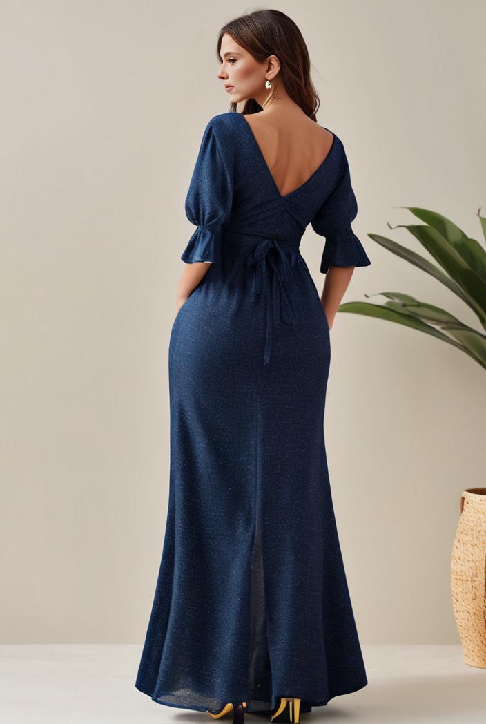 3 4 sleeve bodycon plunging back sequin evening dress 128409