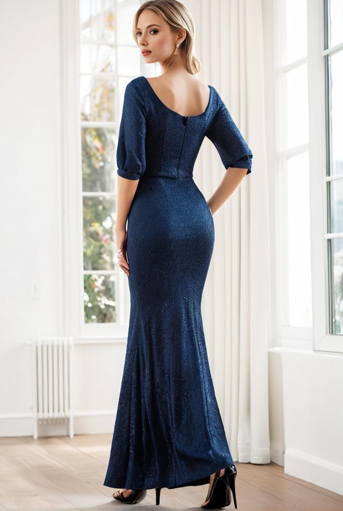 3 4 sleeve bodycon plunging back sequin evening dress 128411