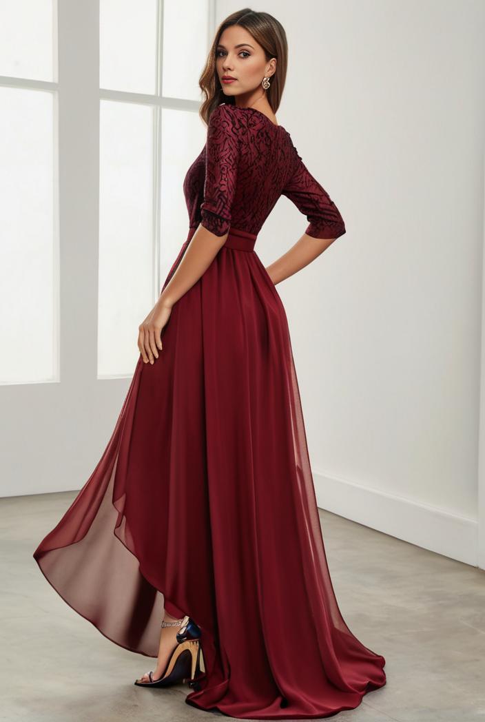 3 4 sleeve sheer sequin stripe high low hem evening dress 128486