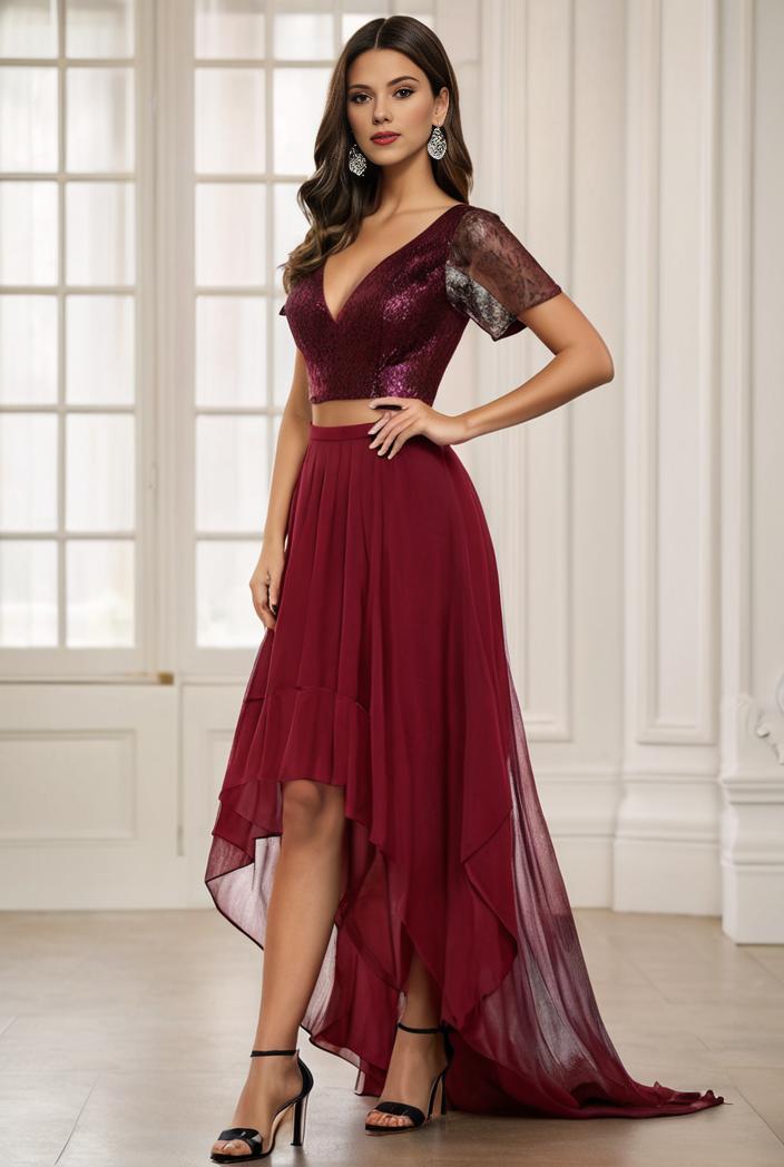 3 4 sleeve sheer sequin stripe high low hem evening dress 128490