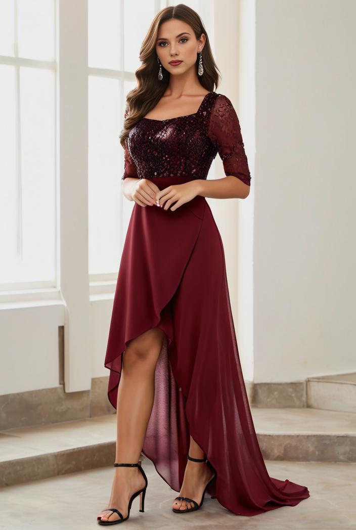 3 4 sleeve sheer sequin stripe high low hem evening dress 128494