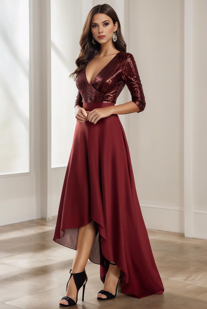 3 4 sleeve sheer sequin stripe high low hem evening dress 128495