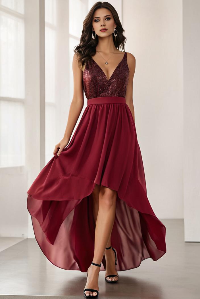 3 4 sleeve sheer sequin stripe high low hem evening dress 128497