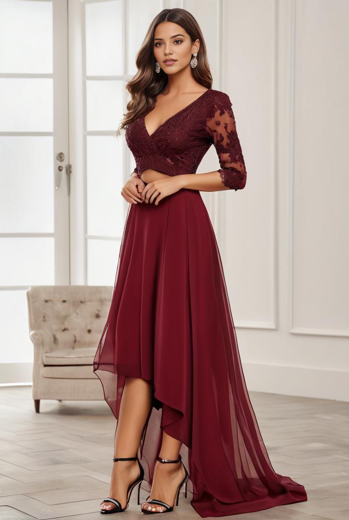 3 4 sleeve sheer sequin stripe high low hem evening dress 123701
