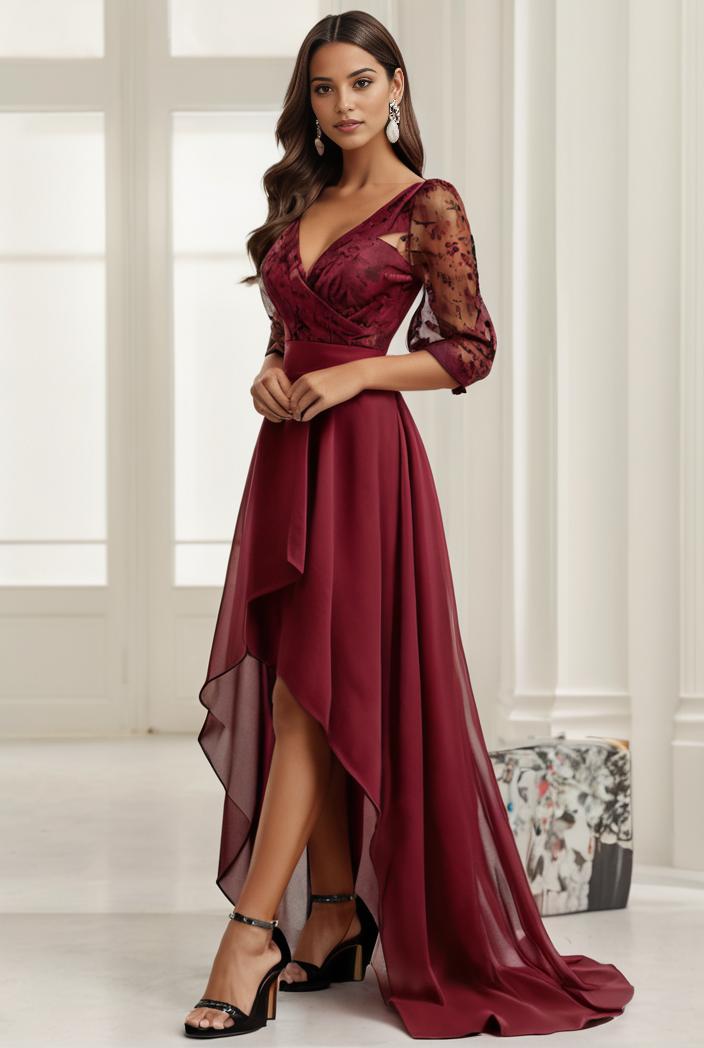 3 4 sleeve sheer sequin stripe high low hem evening dress 123703