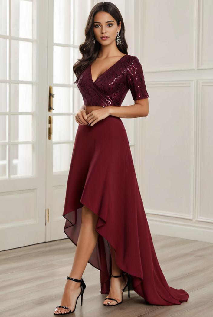 3 4 sleeve sheer sequin stripe high low hem evening dress 123704