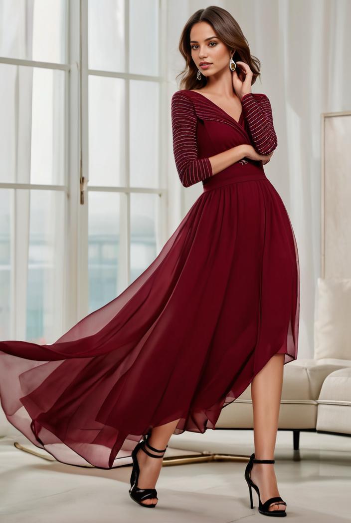 3 4 sleeve sheer sequin stripe high low hem evening dress 123713
