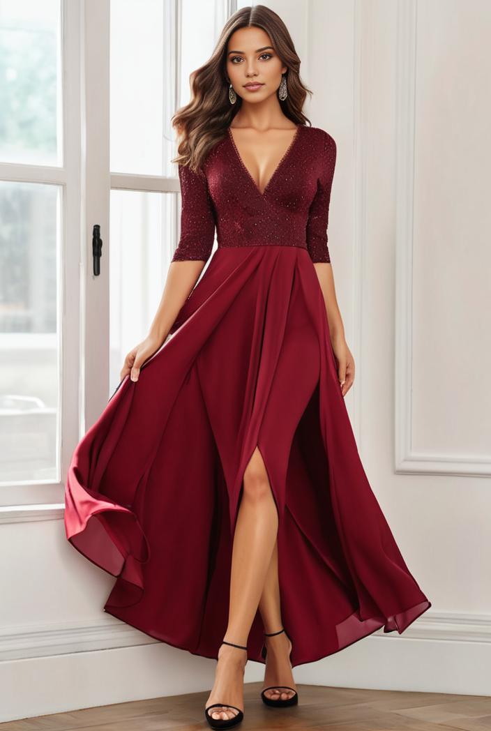 3 4 sleeve sheer sequin stripe high low hem evening dress 123718