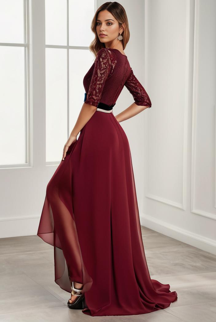 3 4 sleeve sheer sequin stripe high low hem evening dress 123724