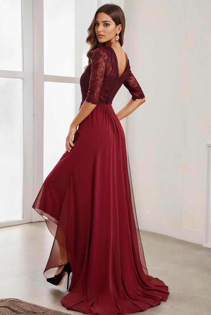 3 4 sleeve sheer sequin stripe high low hem evening dress 123725