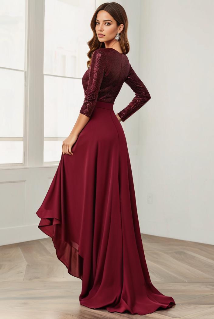 3 4 sleeve sheer sequin stripe high low hem evening dress 123737