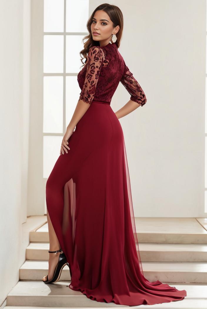 3 4 sleeve sheer sequin stripe high low hem evening dress 123743