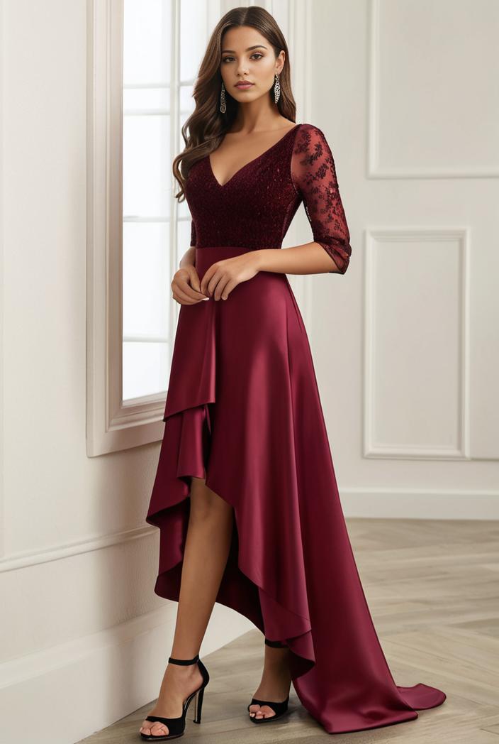 3 4 sleeve sheer sequin stripe high low hem evening dress 123749