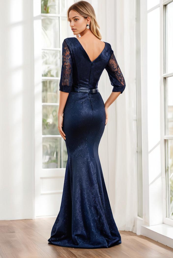 3 4 sleeve bodycon plunging back sequin evening dress 135419