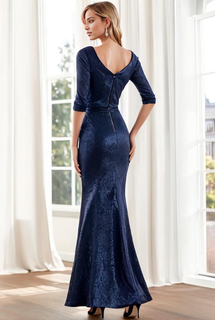 3 4 sleeve bodycon plunging back sequin evening dress 135422