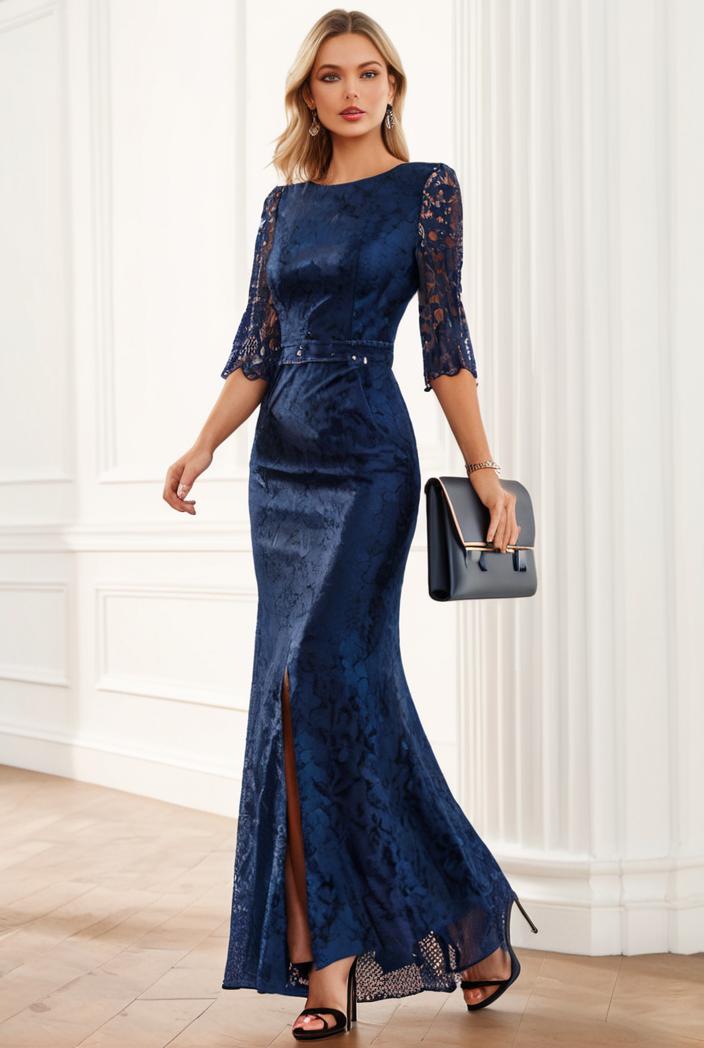 3 4 sleeve bodycon plunging back sequin evening dress 136911