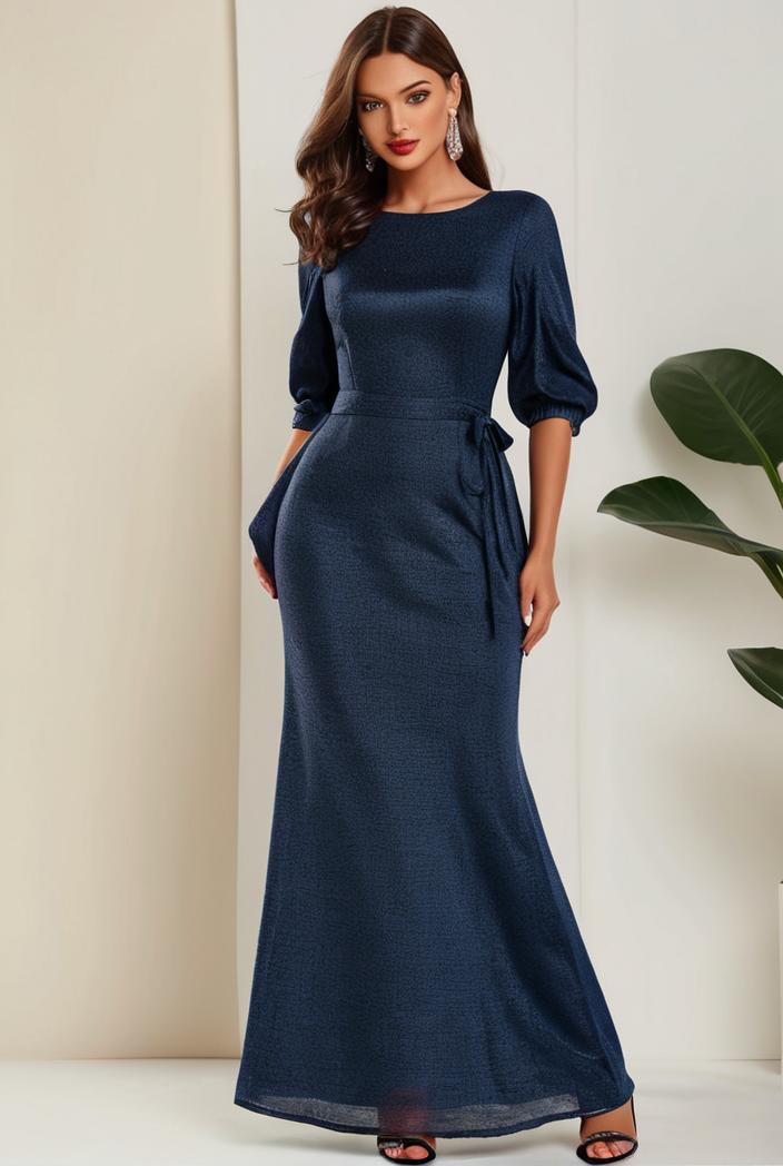 3 4 sleeve bodycon plunging back sequin evening dress 136916