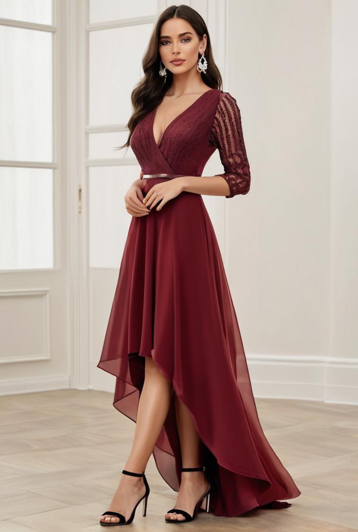 3 4 sleeve sheer sequin stripe high low hem evening dress 136978