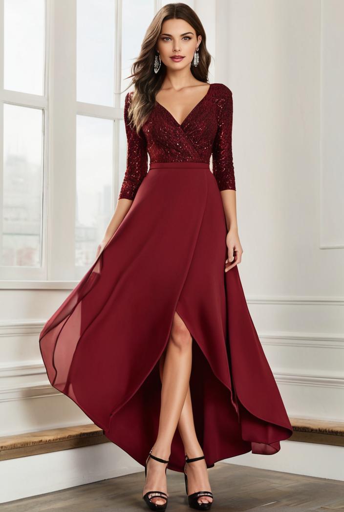 3 4 sleeve sheer sequin stripe high low hem evening dress 136987