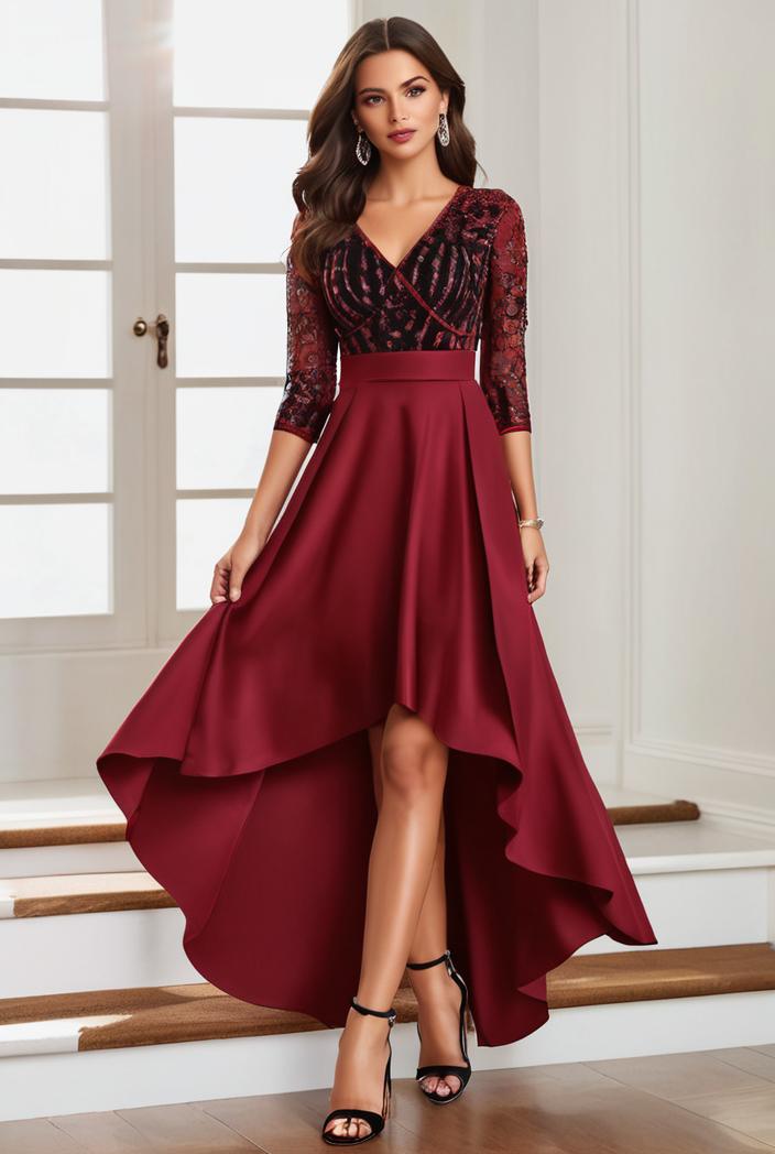 3 4 sleeve sheer sequin stripe high low hem evening dress 136991