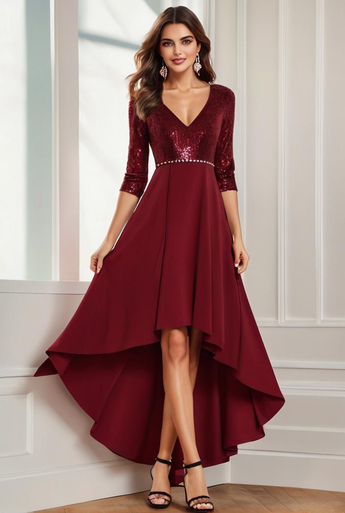3 4 sleeve sheer sequin stripe high low hem evening dress 136992