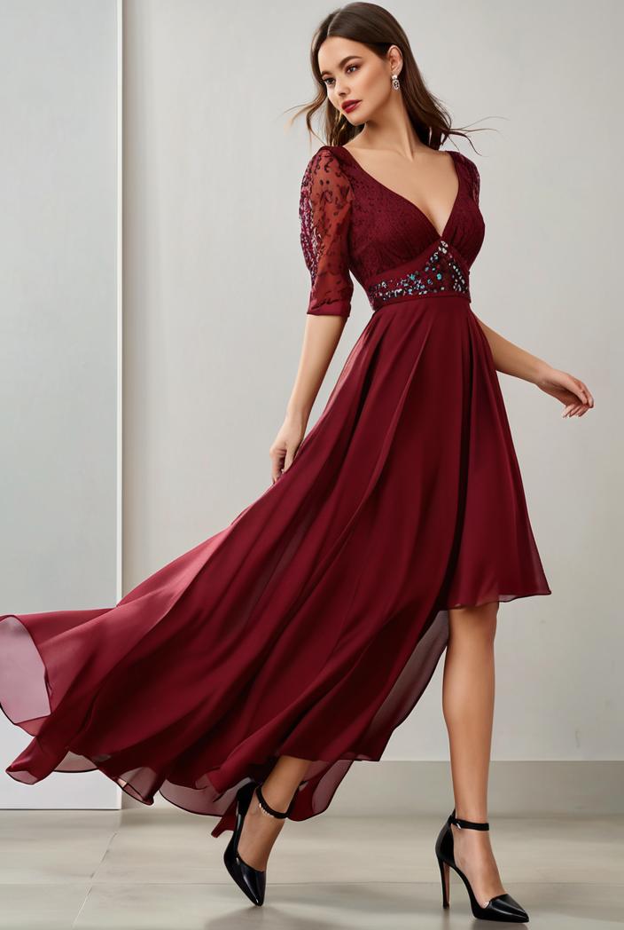 3 4 sleeve sheer sequin stripe high low hem evening dress 137006